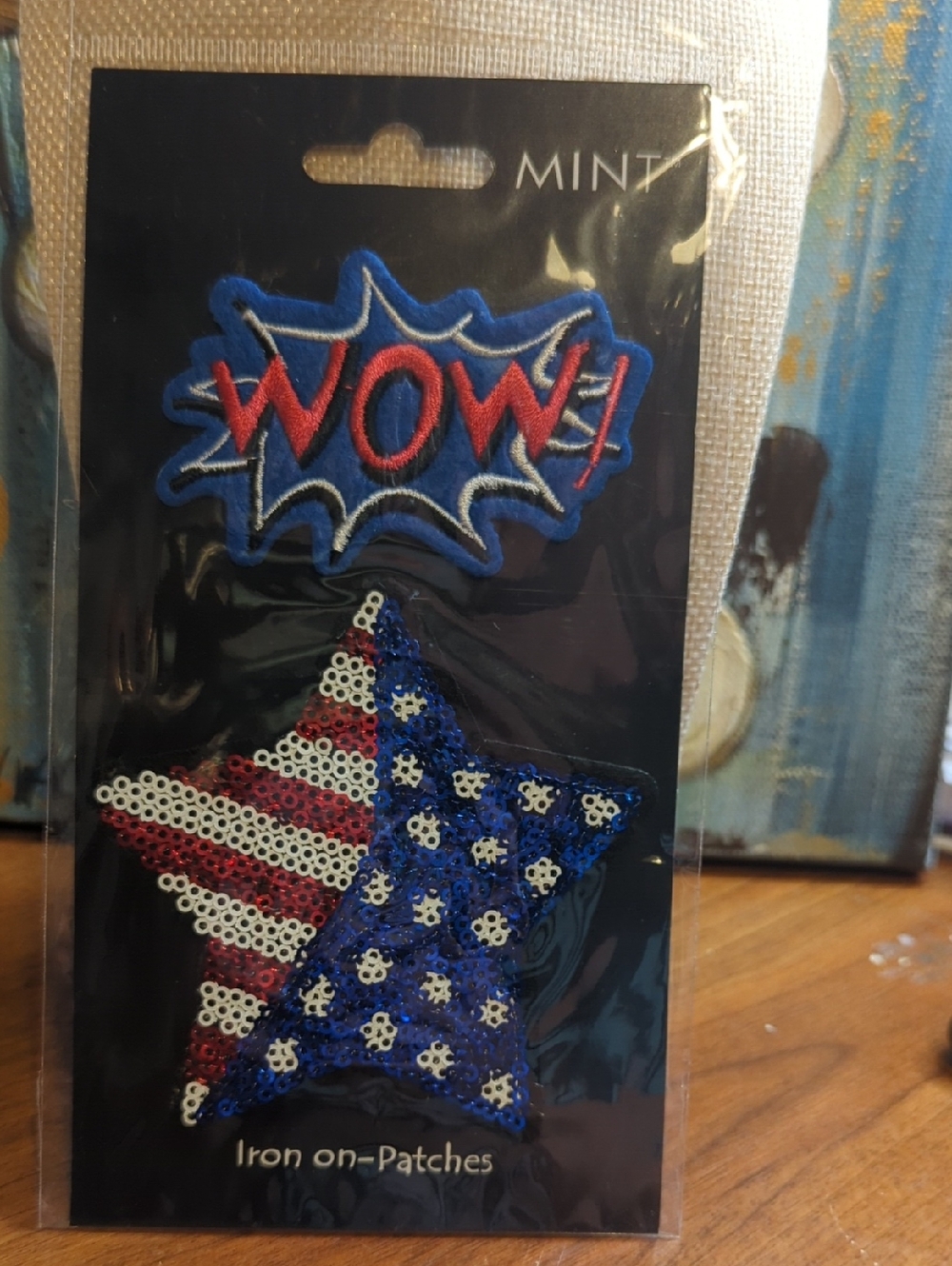 Mint Blue & Red "WOW!" Patch with Sequin American Star- Bundle of 4 Packages